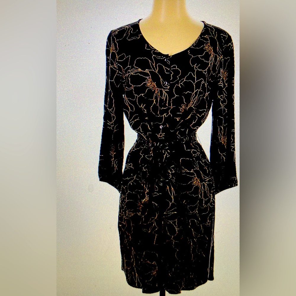Ann Taylor Factory long sleeve dress with tie black yellow size S